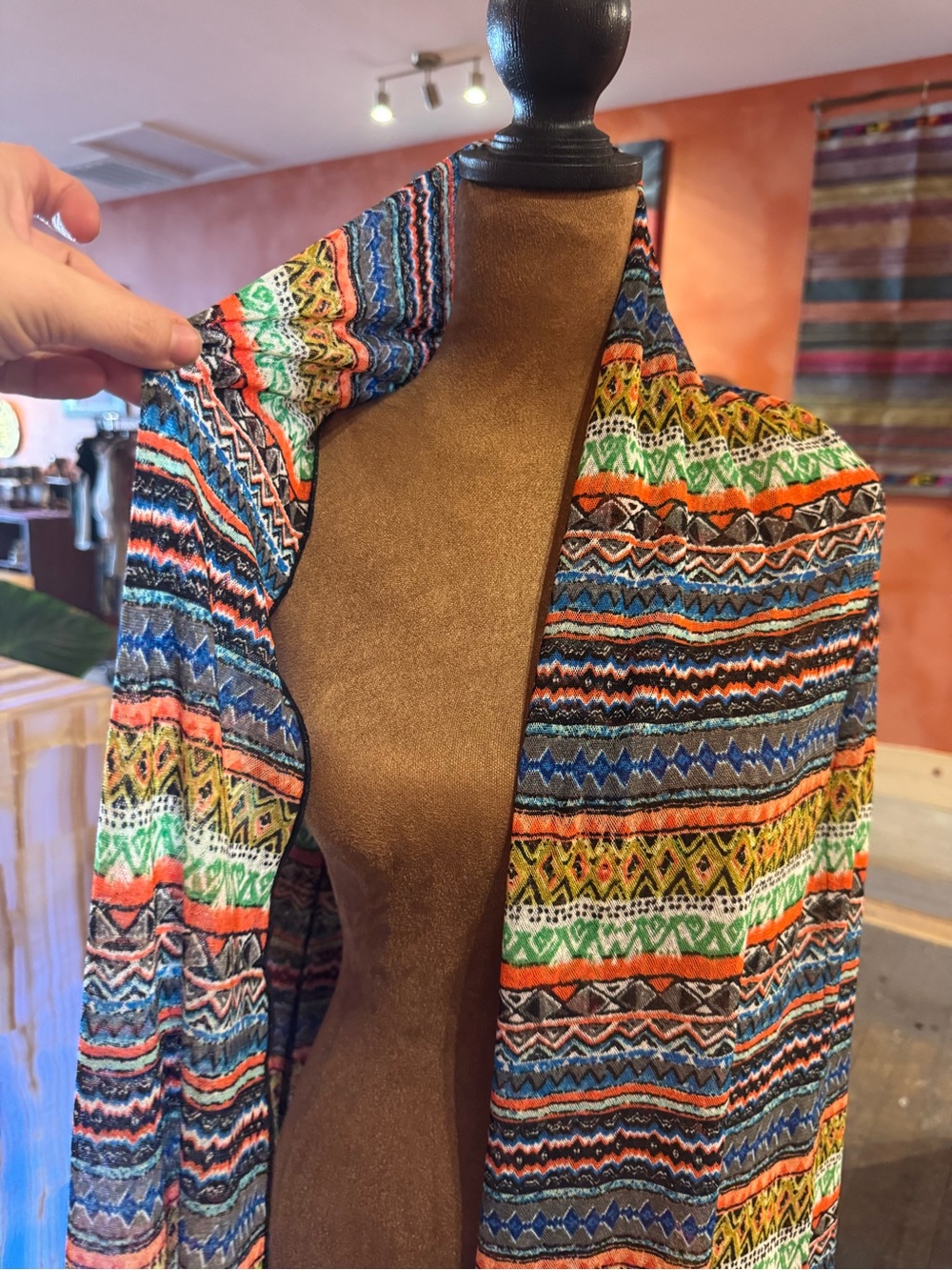 Long Sleeve Ali Miles Sheer Multicolor Geometric Open-Front Cardigan shall